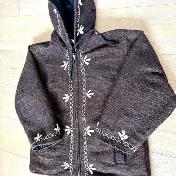 Vintage Brown Embroidered Wool Coat Women's S Full Zip Jacket Hooded - Picture 2 of 10